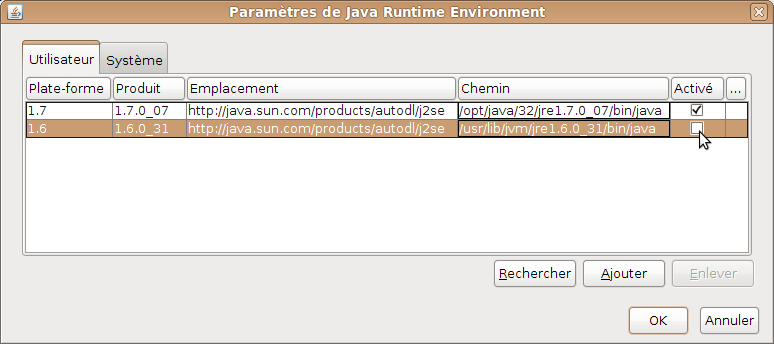onglet systeme du panneau java